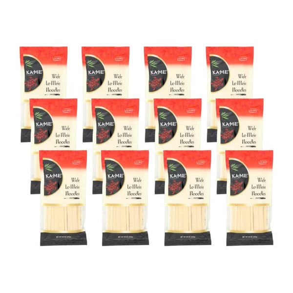 Multiple packages of Kame wide flat noodles on a white background
