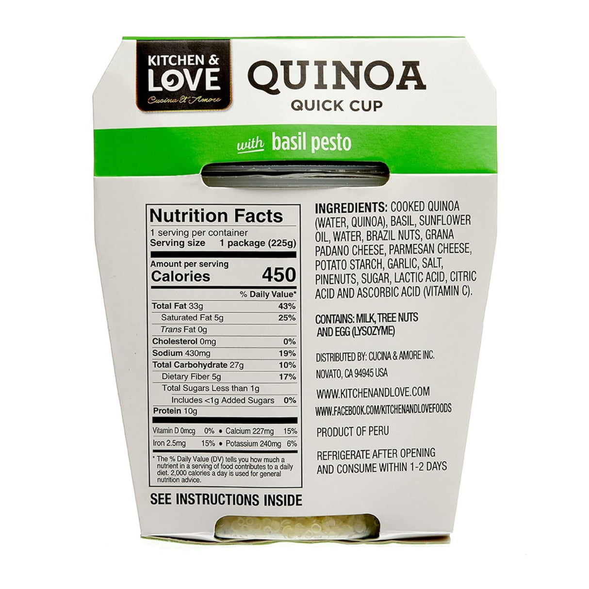 Kitchen Love Quinoa Quick Cup packaging with nutrition facts and ingredients listed.