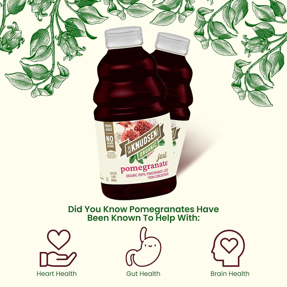 Knudsen Organic pomegranate juice bottles with health benefits text and icons on a white background.