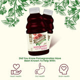 Knudsen Organic pomegranate juice bottles with health benefits text and icons on a white background.