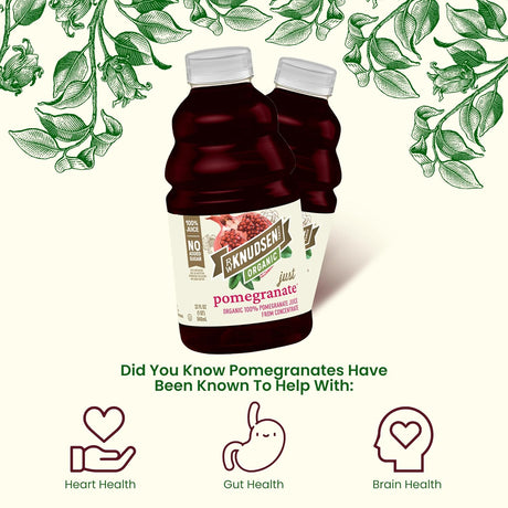 Knudsen Organic pomegranate juice bottles with health benefits text and icons on a white background.
