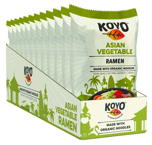 Koyo Asian Vegetable Ramen packages in a display box on a white background