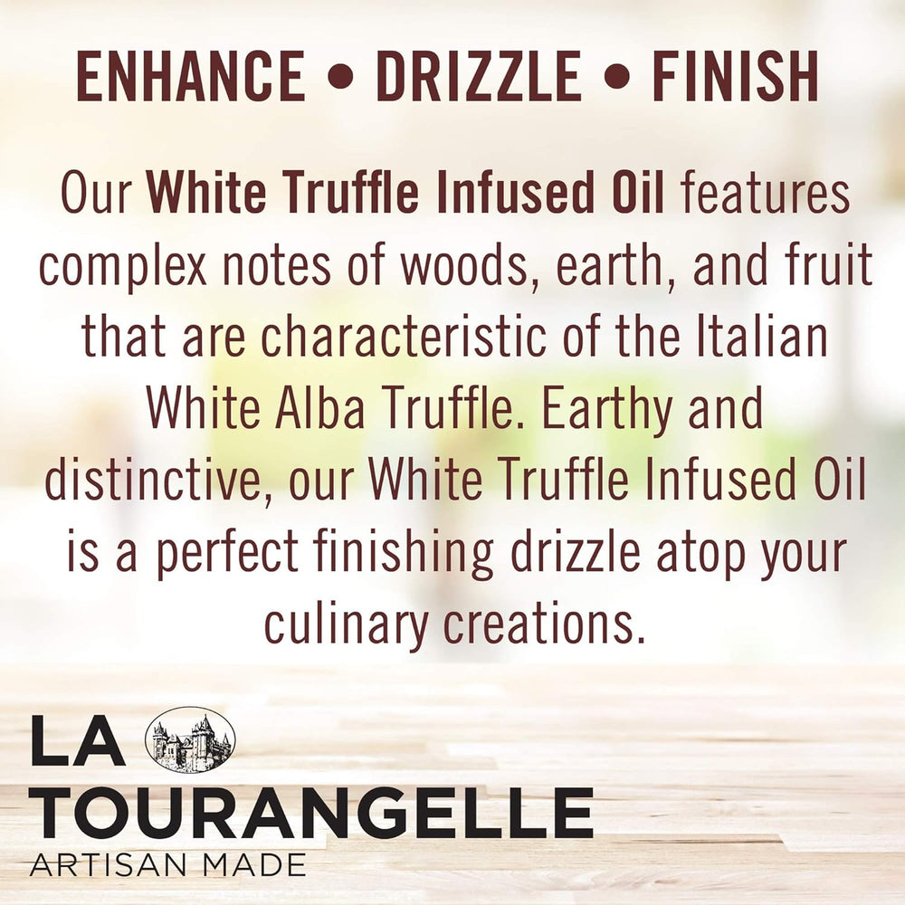  La Tourangelle White Truffle Infused Oil with text and brand logo.