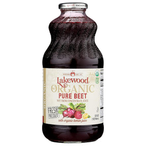Bottle of Lakewood Organic Pure Beet juice on a white background