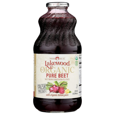 Bottle of Lakewood Organic Pure Beet juice on a white background
