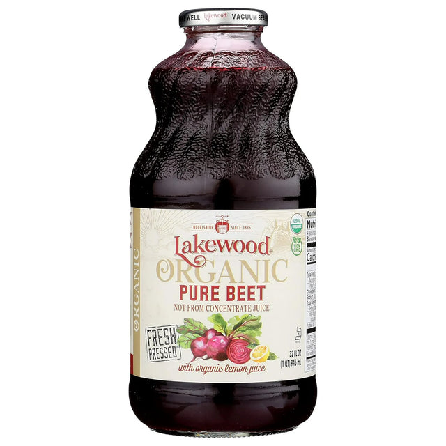Bottle of Lakewood Organic Pure Beet juice on a white background