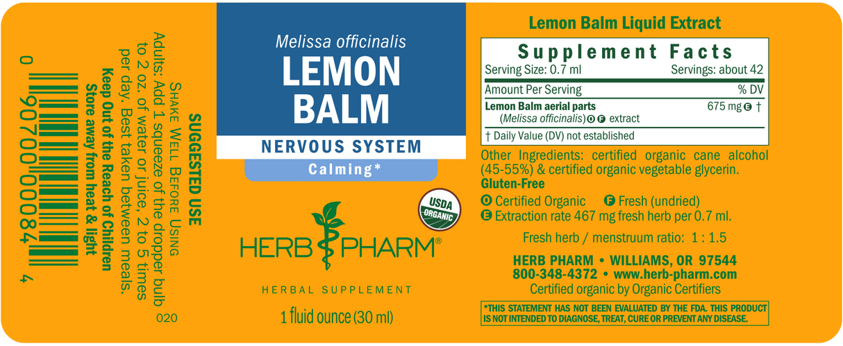 Herb Pharm Lemon Balm Glycerite, 1 oz, Alcohol-Free Herbal Extract for Calm & Relaxation
