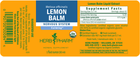 Herb Pharm Lemon Balm Glycerite, 1 oz, Alcohol-Free Herbal Extract for Calm & Relaxation