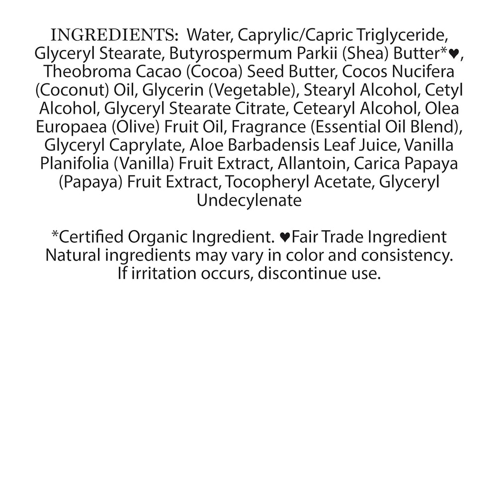 List of ingredients Nubian Heritage Coconut and Papaya body lotion  white background
