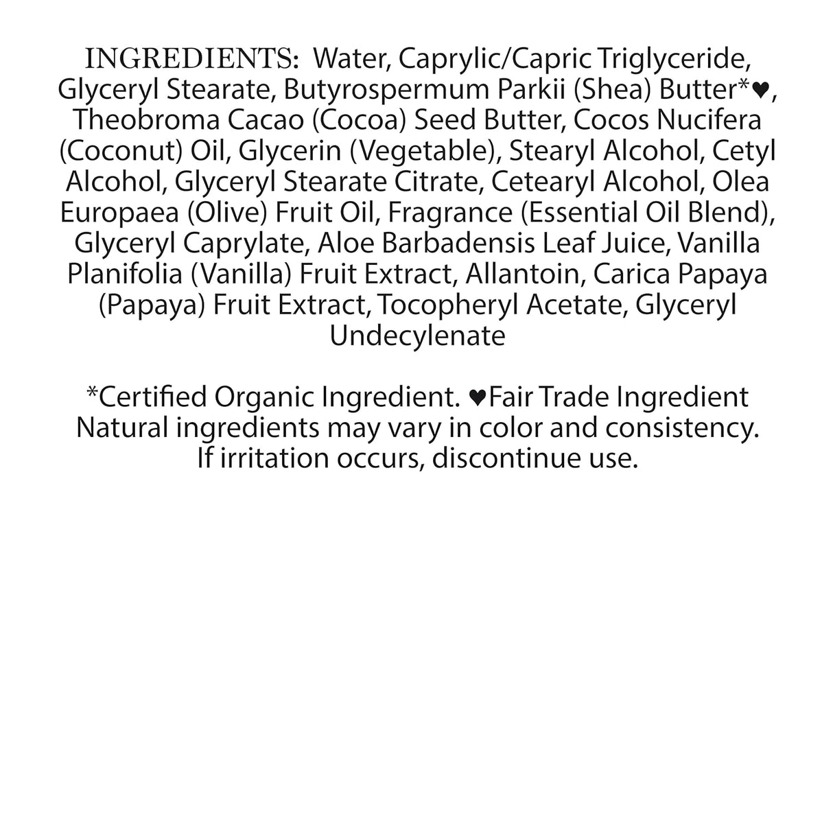 List of ingredients Nubian Heritage Coconut and Papaya body lotion  white background