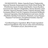List of ingredients Nubian Heritage Coconut and Papaya body lotion  white background