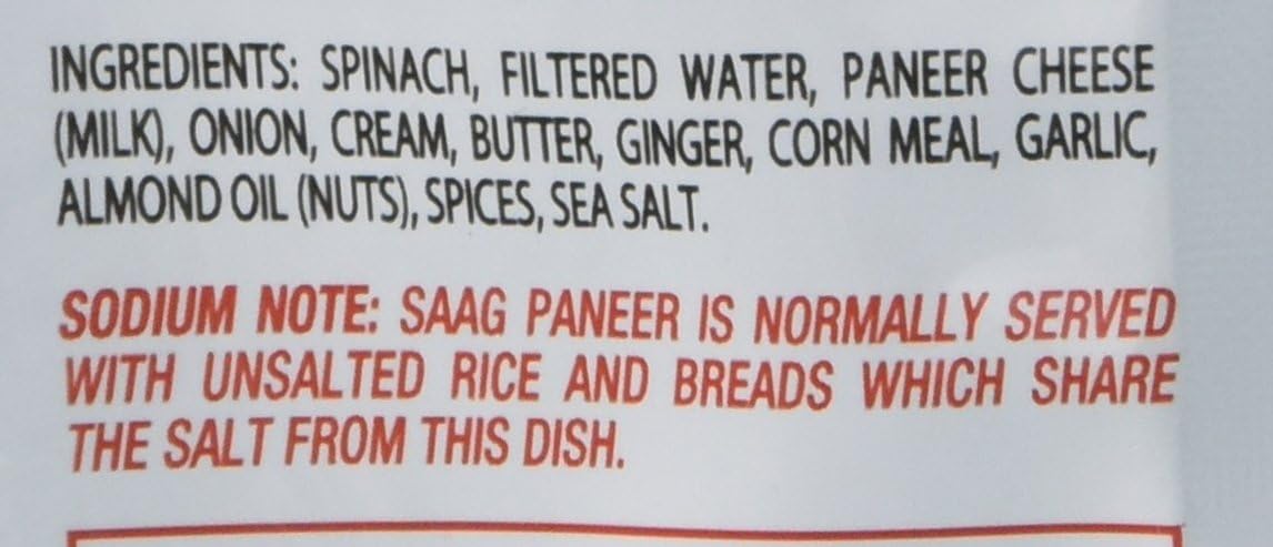 List of ingredients and sodium note for Jyoti Natural Foods Saag Paneer 