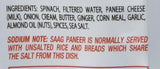 List of ingredients and sodium note for Jyoti Natural Foods Saag Paneer 