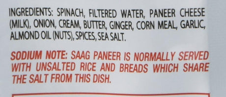 List of ingredients and sodium note for Jyoti Natural Foods Saag Paneer 