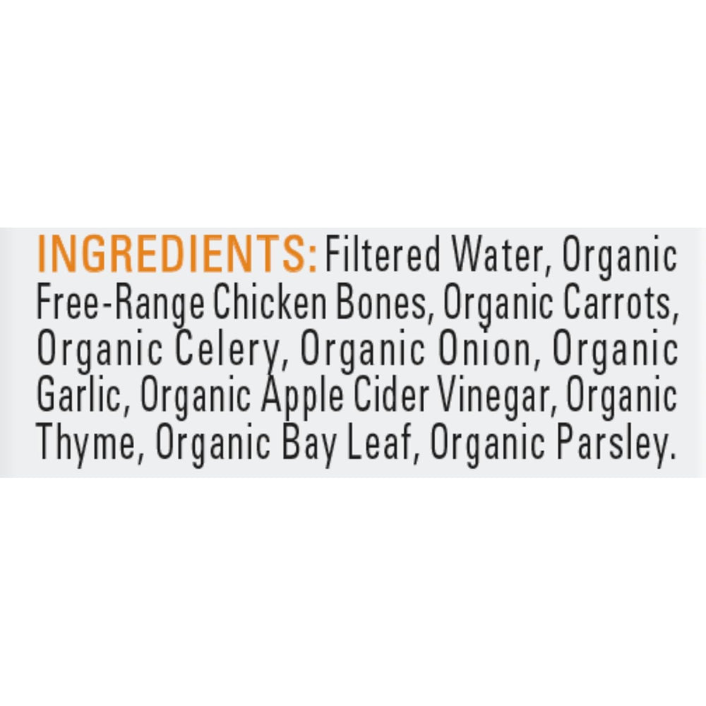 List of ingredients for a organic chicken broth  on a white background