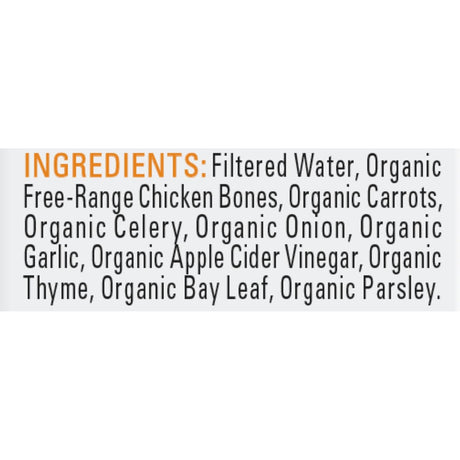 List of ingredients for a organic chicken broth  on a white background