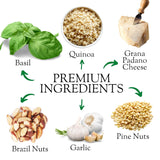 List of premium ingredients including basil, quinoa, grana padano cheese, brazil nuts, garlic, and pine nuts on a white background.