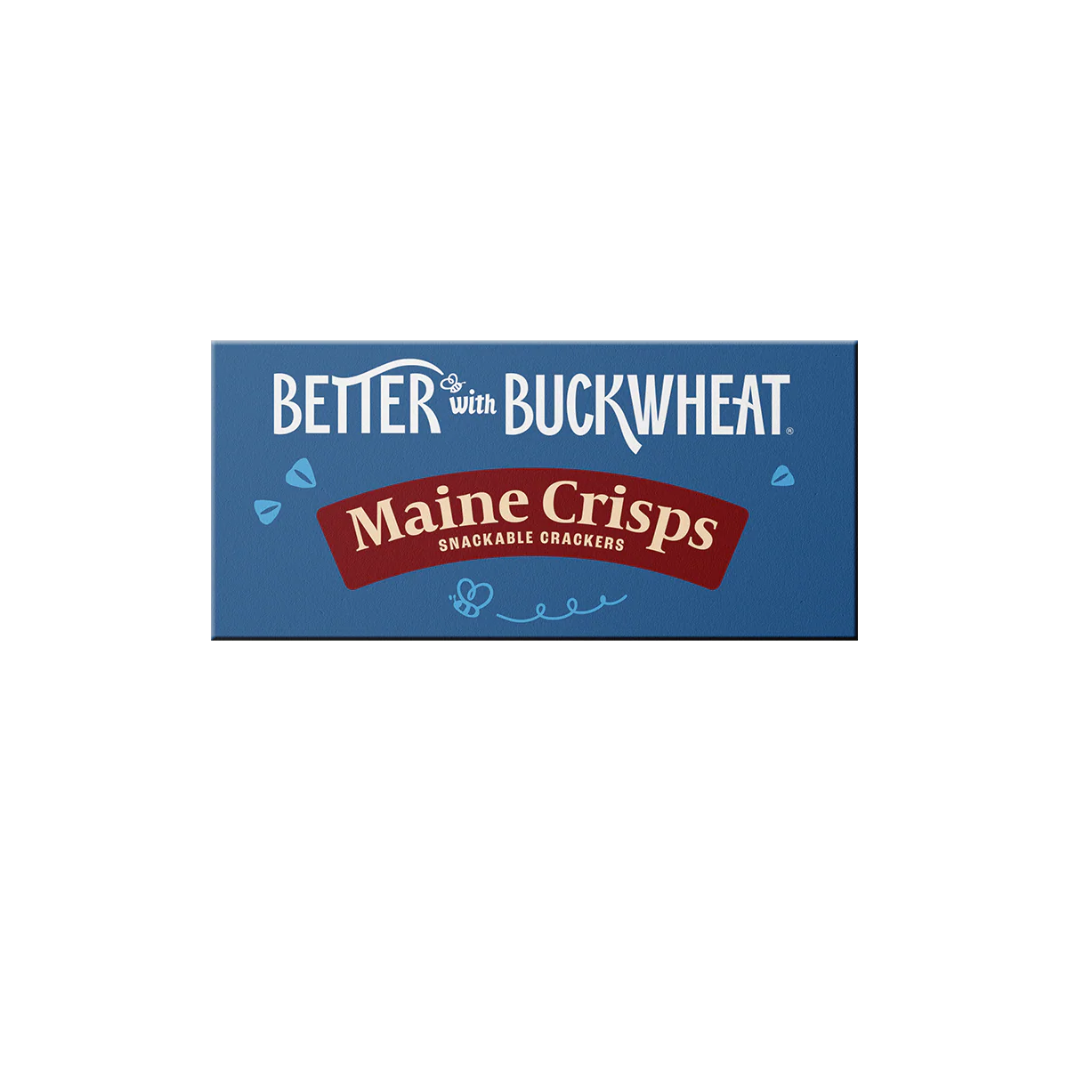 Logo of Maine Crisps snackable crackers with text 'Better with Buckwheat' on a blue background