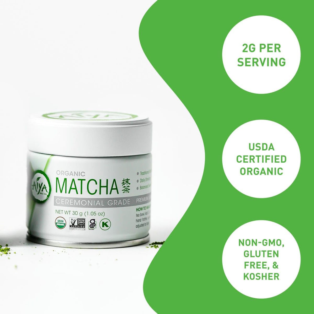 Matcha powder container with green and white design elements on a white background