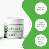 Matcha powder container with green and white design elements on a white background