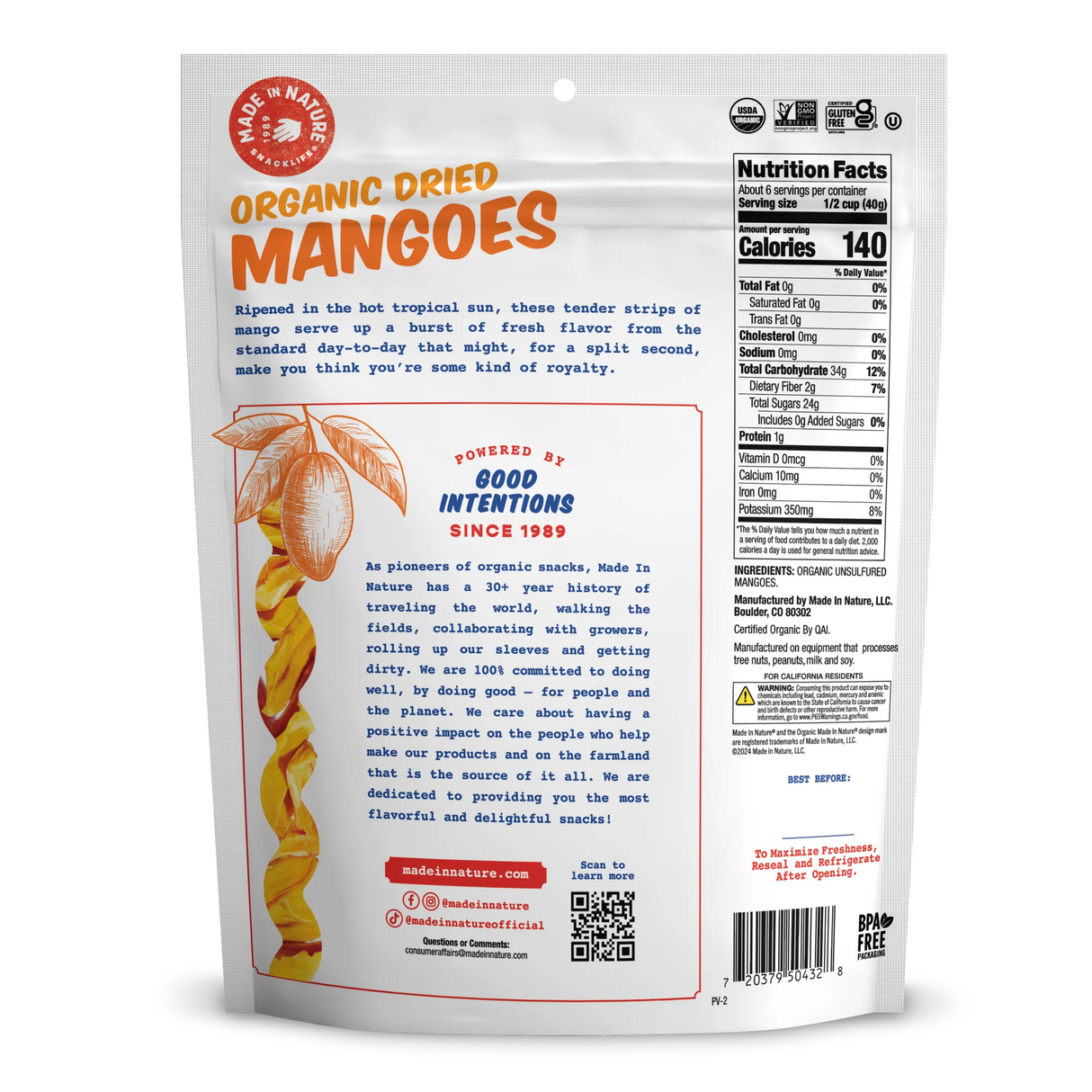 Made In Nature Organic Dried Mangoes, Non-GMO, Gluten-Free, Case of 6 (3 oz)