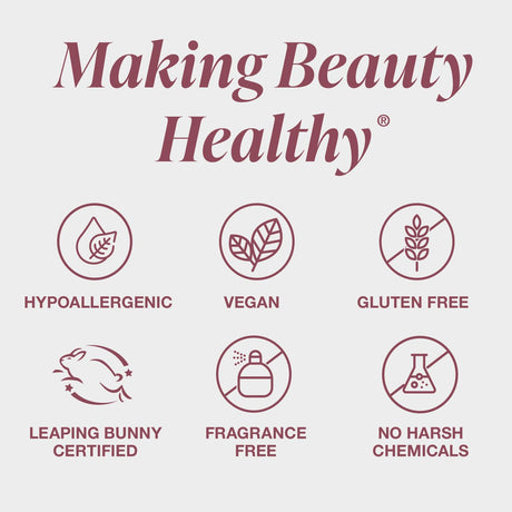 Certification icons for hypoallergenic, vegan, gluten-free, Leaping Bunny Certified, fragrance-free, and no harsh chemicals on a light pink background.