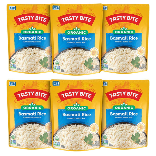 Multiple packages of Tasty Bite Organic Basmati Rice on a white background