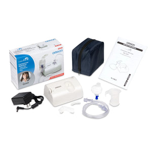 Omnron QuietFlow 2 handheld compressor nebulizer with accessories on a white background