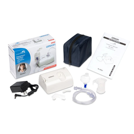 Omnron QuietFlow 2 handheld compressor nebulizer with accessories on a white background