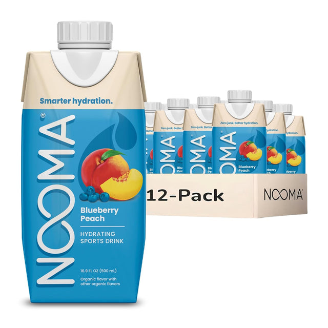 NOOMA Blueberry Peach sports drink packaging with a 12-pack box on a white background