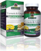 Nature's Answer Turmeric & Ginger supplement bottle and packaging on a reflective surface.