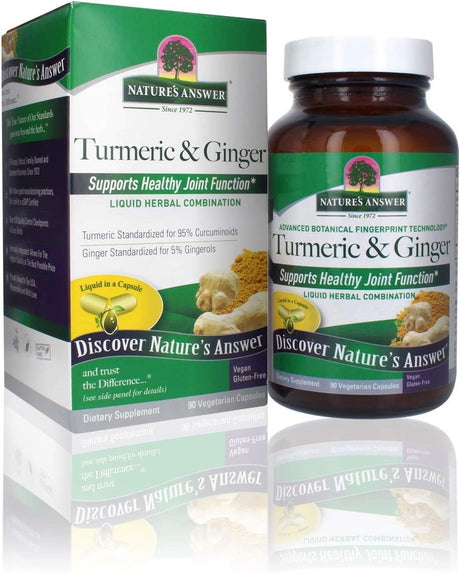 Nature's Answer Turmeric & Ginger supplement bottle and packaging on a reflective surface.