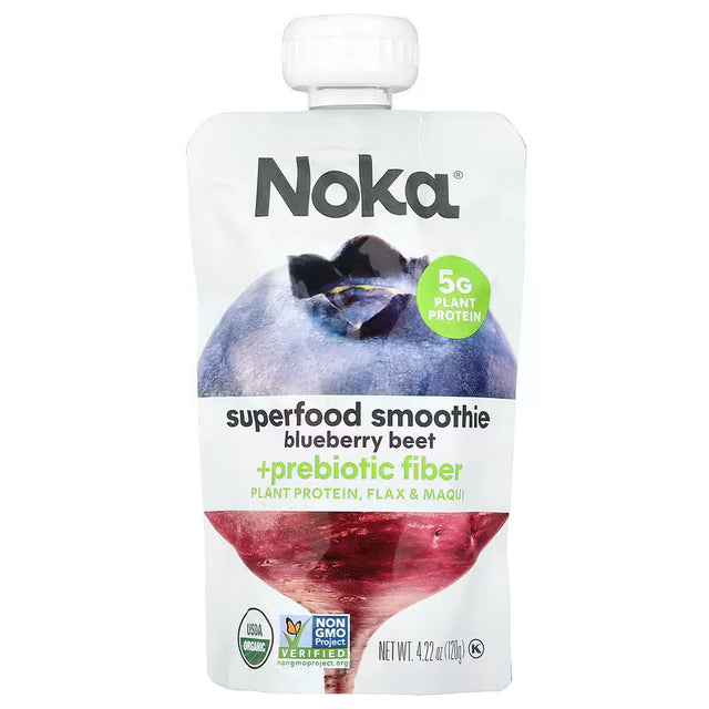 Noka superfood smoothie pouch with blueberry and beet illustration on a white background