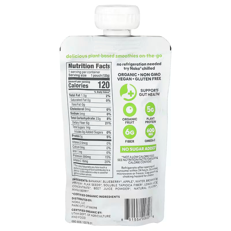 Noka Superfood Blueberry Beet Blend Nutrition facts label on a white background
