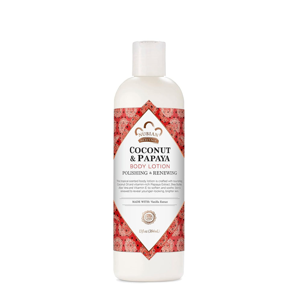 Nubian Heritage Coconut and Papaya body lotion bottle with a decorative label on a white background