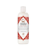 Nubian Heritage Coconut and Papaya body lotion bottle with a decorative label on a white background