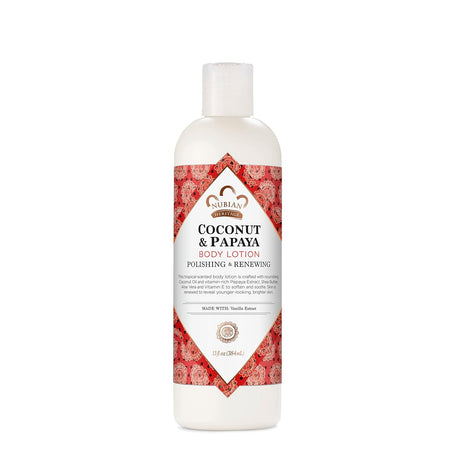 Nubian Heritage Coconut and Papaya body lotion bottle with a decorative label on a white background