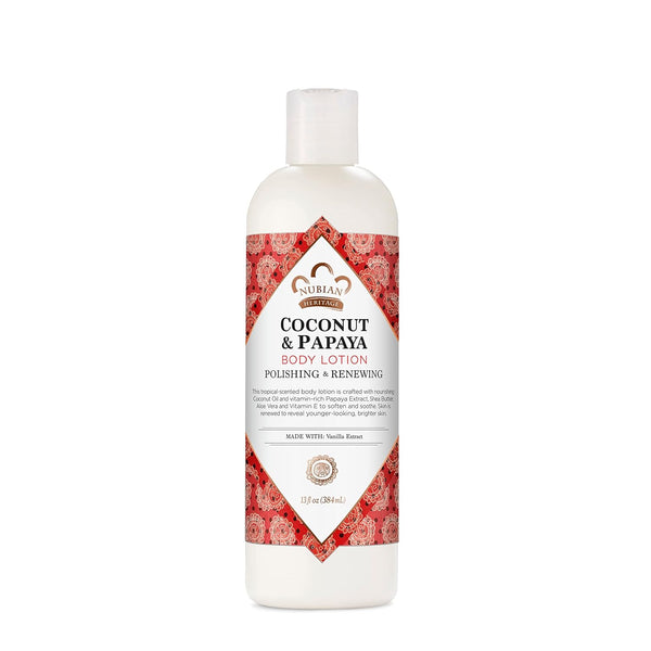 Nubian Heritage Coconut and Papaya body lotion bottle with a decorative label on a white background