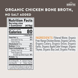 Nutrition facts and ingredients label for organic chicken bone broth with no salt added, featuring the brand 'Bonafide'.