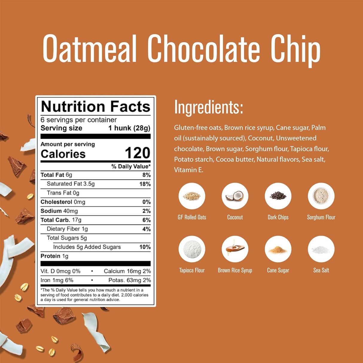 Nutrition facts and ingredients list for heavily hunks oatmeal chocolate chip cookies on an orange background