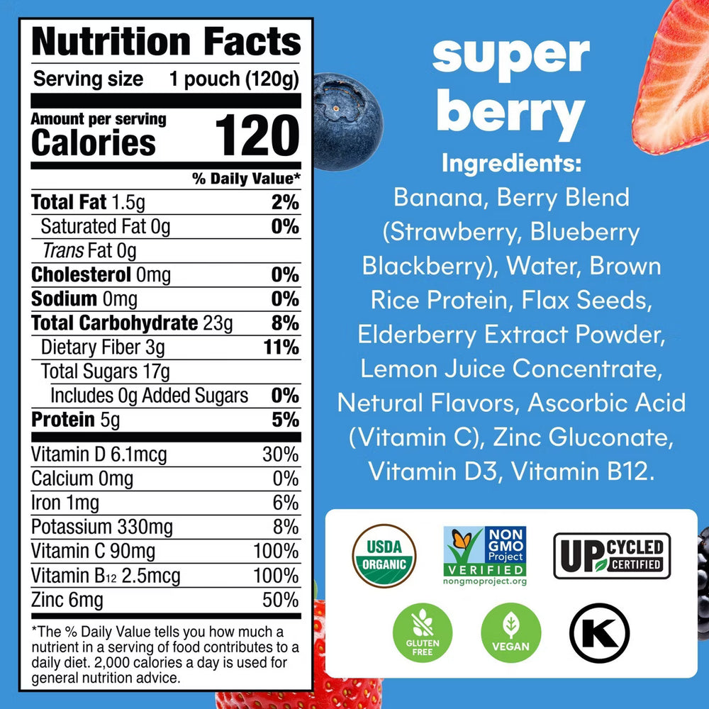 Nutrition facts label Noka superfood smoothie pouch super berry and ingredients list 