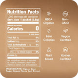 Nutrition facts label and certification icons on a brown background