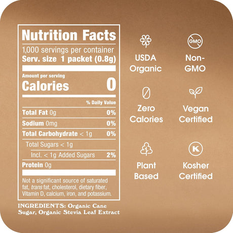 Nutrition facts label and certification icons on a brown background