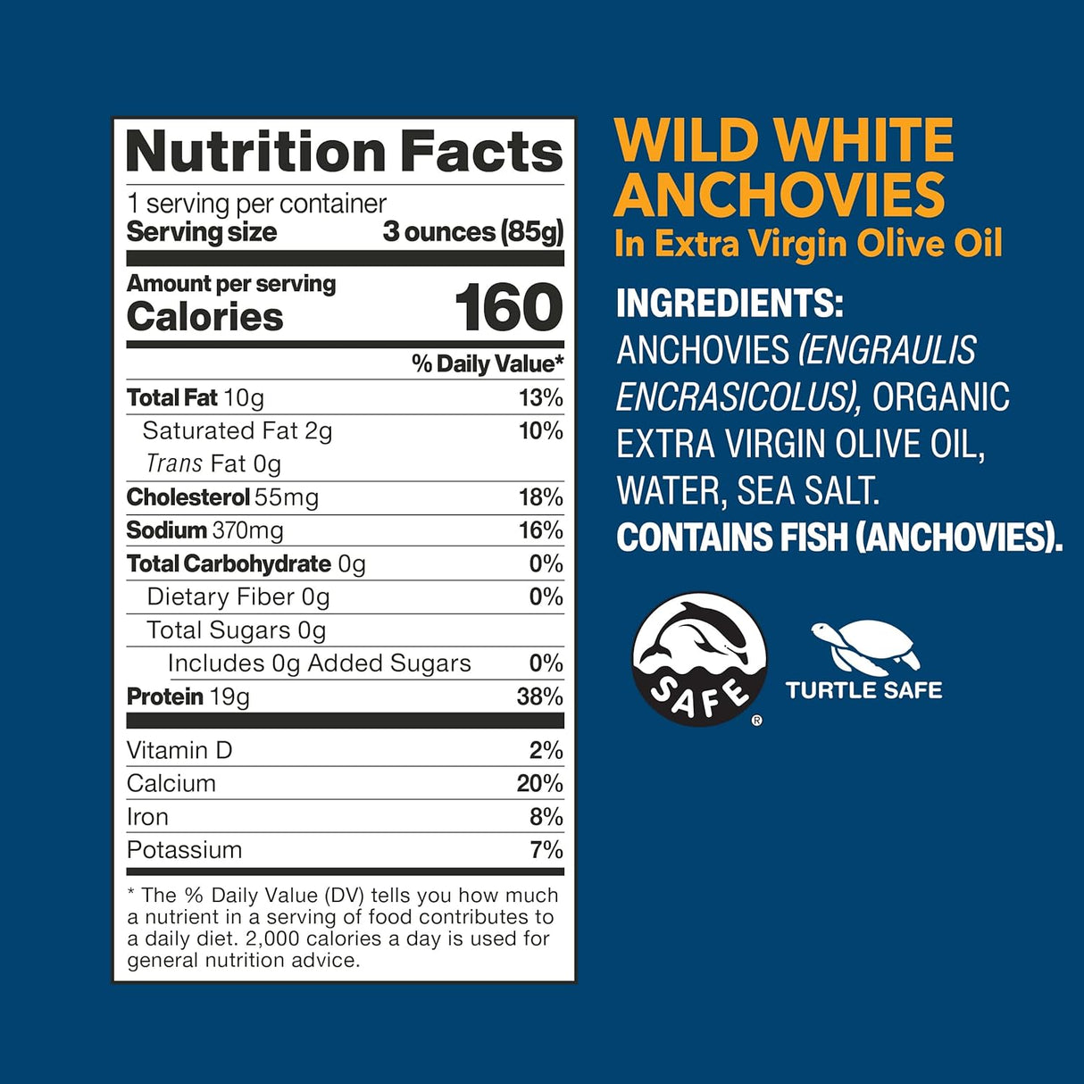 Nutrition facts label and ingredient list for wild white anchovies on a blue background