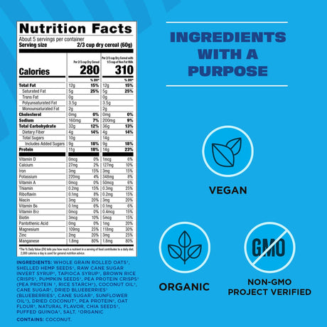 Nutrition facts label and ingredient list with vegan, organic, and non-GMO project verified icons on a blue background.