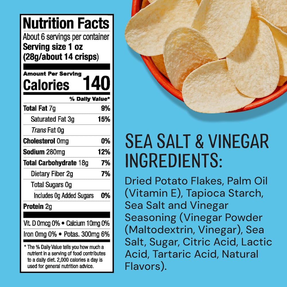 Nutrition facts label and ingredients list fThe Good Crisp Company Potato Chips Salt & Vinegar  on a blue background
