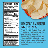 Nutrition facts label and ingredients list fThe Good Crisp Company Potato Chips Salt & Vinegar  on a blue background