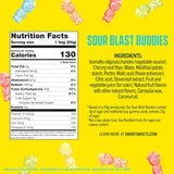Nutrition facts label and ingredients list for Sour Blast Buddies on a yellow background with gummy candy graphics.