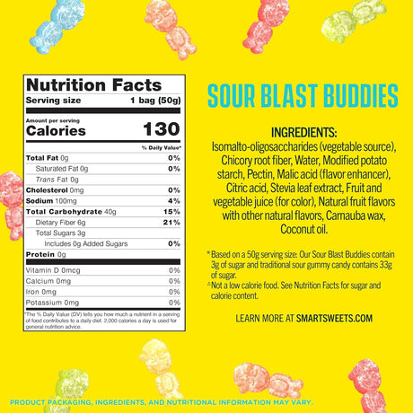 Nutrition facts label and ingredients list for Sour Blast Buddies on a yellow background with gummy candy graphics.