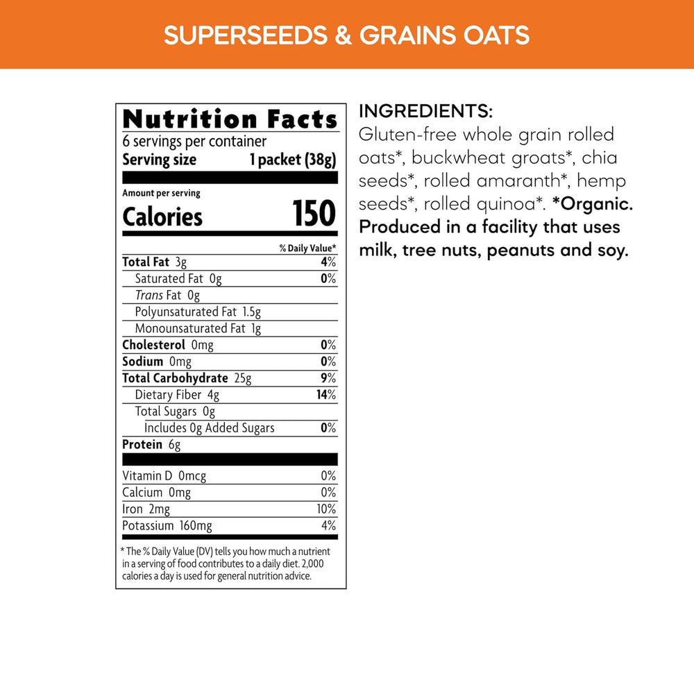 Nutrition facts label and ingredients list for a superseeds and grains oats product.